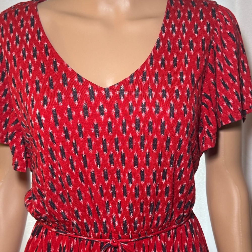LOFT Red Ikat Print Flutter Sleeve V Neck Tie Waist‎ Dress Women's Size S - Picture 2 of 7